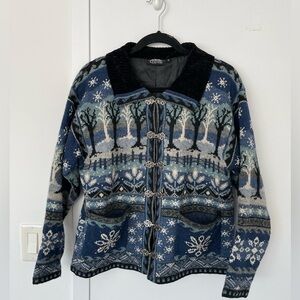 Icelandic design Nordic blue wool cardigan with trees